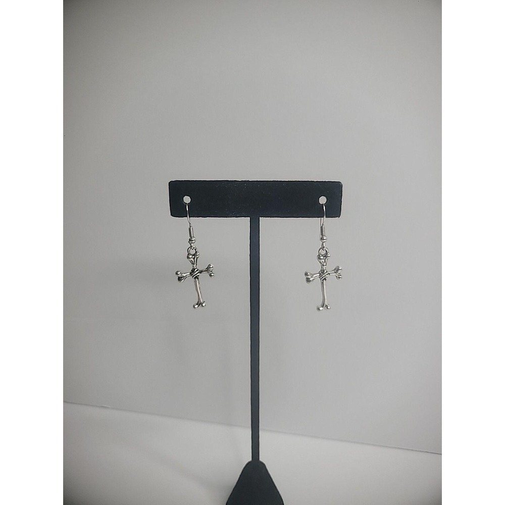 Vintage Silver Tone Cross Earrings Pierced Hooks Womens Jewelry Costume - Picture 3 of 7